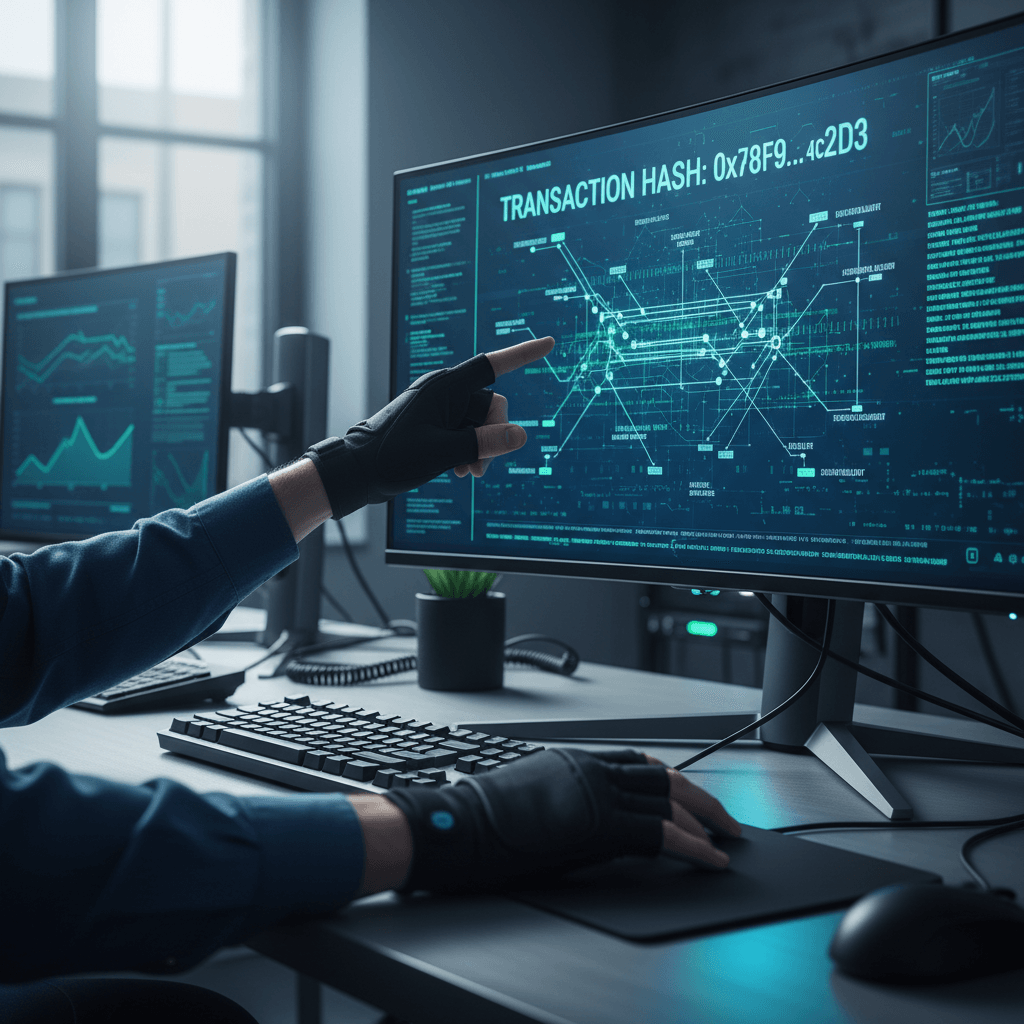 Cybersecurity analyst's hands examining blockchain transaction data on computer monitor in professional office setting Cybersecurity analyst's hands examining blockchain transaction data on computer monitor in professional office setting